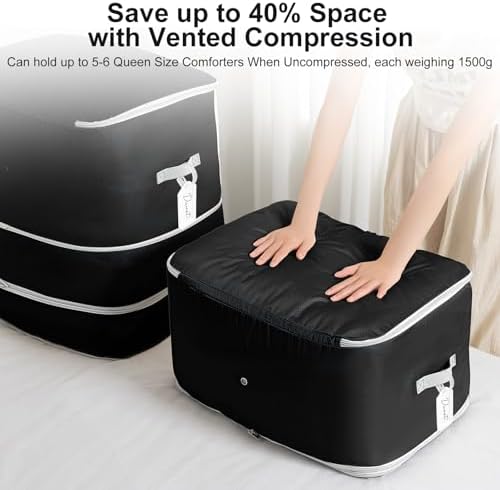 Comforter Storage Bag - Large Capacity Blanket Storage Bags 3-Layer Ultra Space Saving Self Compression Organizer, Washable Bedding Storage Comforter Blanket, 4 Pack, Black