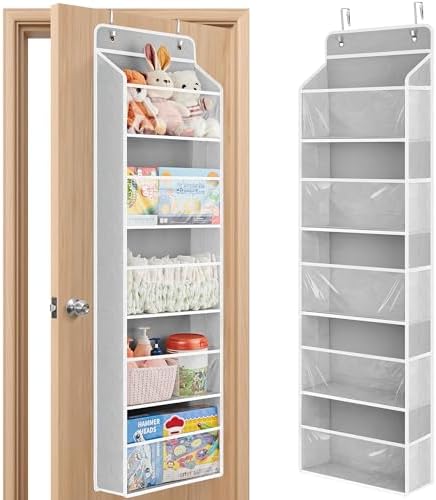 JARLINK Over The Door Toy Storage Organizer w/Clear Window, Light Grey | Anti-Tilt 44 lb Load Capacity, Baby Toy Storage Organizer for Stuffed Animals, Nursery, Kid Bedroom, Newborn Baby Essentials