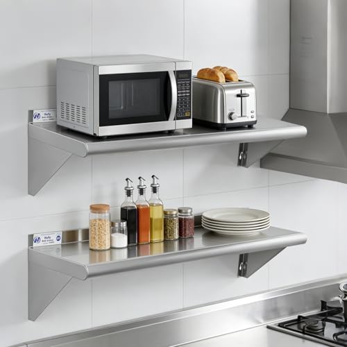 Hally Stainless Steel Shelf 2 Pack Wall Mounted Metal Shelves 10"x36" NSF | Kitchen Wall Shelf, 315lb Capacity, Heavy Duty Commercial Storage Rack, for Restaurant, Cafe, Bar , Garage, Laundry Room