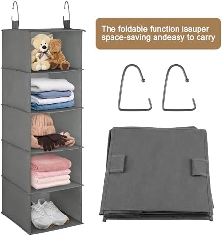 Libeder 5-Shelf Hanging Organizer with Drawers, Closet Hanging Organizers and Storage Shelves with 6 Side Pockets,Collapsible Closet Hanging Shelves for Clothes, Underwear, Nursery, Closet, RV(Grey)