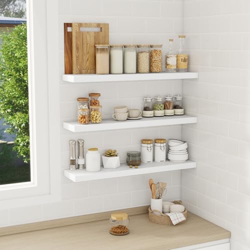 Fun Memories 32 Inch Floating Shelves Wall Shelf Set of 3, White Bathroom Shelves 32 Inch, Farmhouse Home Decor Living Room, Kitchen White Shelves for Wall, 32 x 6.7 x 1.4 Inch