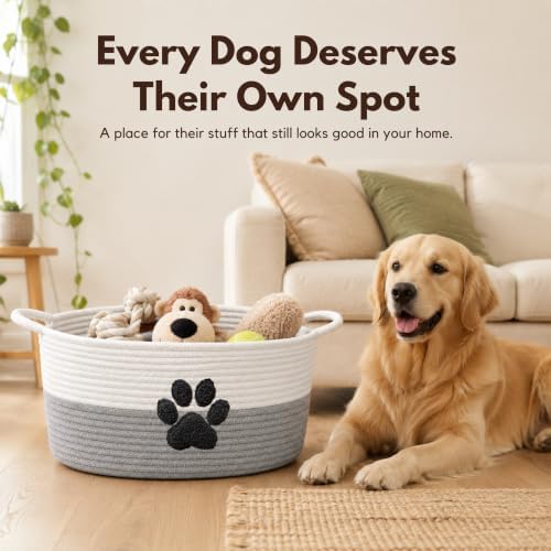 Dog Toy Basket with Handles, Grey Cotton Rope Storage Bin Organizer