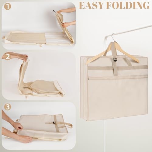 Wedding Dress Garment Bag,72" Tri-Fold Bridal Gown Bag with 12 Pouches and Adjustable Buckle Gown Cover for Wedding/Prom/Travel/Closet Storage (2pcs Beige)