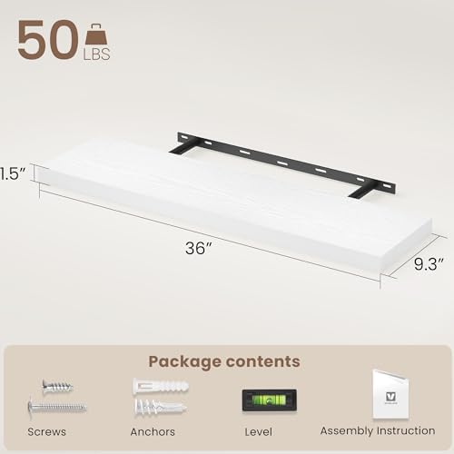 Vivelove Floating Shelves 9 inch Deep 36”Long Set of 2, White | Easy Install With Hardware, 1.5" Thick, Invisible Brackets, Wall Mounted, No Sagging, For Any Room