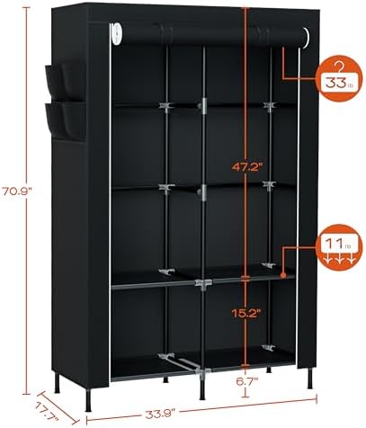 CASAMAYA Portable Closet, 34 Inch Large Capacity Wardrobe Closet with Cover, Clothes Storage Organizer with Shelves and 2 Hanging Rods, Easy to Assembly, Black PCT202B01