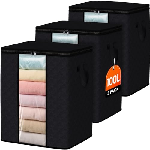 SpaceWhisper 3 Pack 100L Clothes Storage, Foldable Storage Bags, Black
