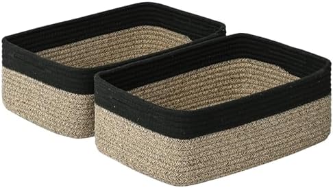 Shallow Storage Baskets for Shelves, 15x11x5.1 Inch Woven Baskets for organizing, 2 Pack Storage Bins for Nursery, Bathroom, Closet, Decorative, Black Brown