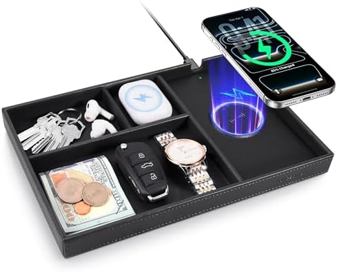Valet Tray, Built-in Wireless Chargers, PU Leather Nightstand Organizer