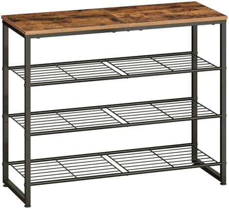 HOOBRO Shoe Rack, 4-Tier Narrow Shoe Organizer for Entryway, Holds 12-16 Pairs of Shoes, Metal Shoe Shelf with Removable Tier, Adjustable Feet, for Closet and Hallway, Rustic Brown and Black BF49XJ01