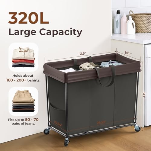 Large Laundry Hamper with Wheels, 320L Rolling Laundry Basket with Wheels