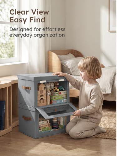 Homsorout Medium Fabric Storage bins - Collapsible Storage Bins with Open Window, 4 Pack Closet Baskets for Shelves, Stackable Decorative Boxes for Home, Dorm, Grey, 13.7"x 9.8" x 9.8"