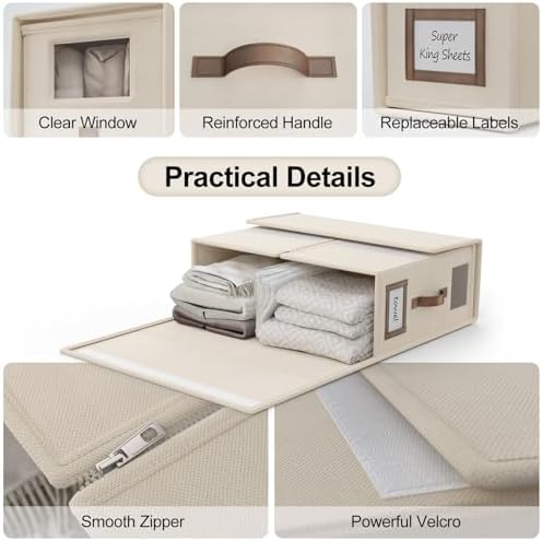 8 Pack Foldable Bed Sheets Set Organizers and Storage(Cal King Size),Linen Fabric Closet Organizers with Window,Folding Bedding Storage Box for Bedsheets and Pillow Cube Organizer-Beige