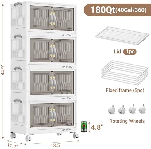 BROVIEW 180Qt Stackable Storage Bins with Lid & Wheels, Plastic Collapsible Closet Organizers and Storage Drawers for Clothes | Foldable Storage Cabinet Container for Dorm Kitchen 4Pack White