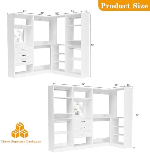 Unikito 86" Corner Closet System Organizer with Drawers & Mirror, White