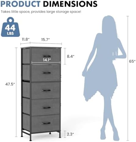 DUMOS Nightstand with 5 Drawers, Bedside Table with Removable Fabric Bins, Sturdy Steel Frame Wood Skinny Dresser Furniture for Bedroom Closet Living Room, Grey