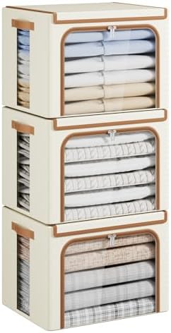 Yecaye Clothes Storage Bins with Lids & Clear Window, Beige, 40L, 3 Pack