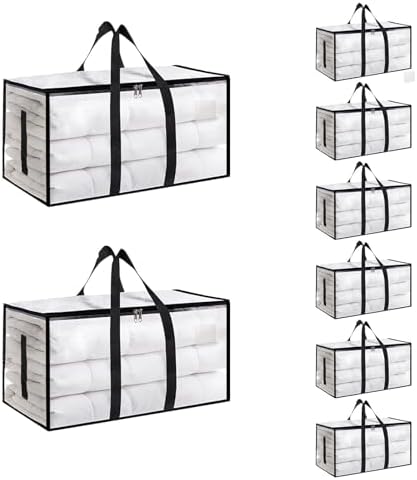 Moving Bags Extra Large 8 Pack - Heavy Duty Storage Totes with Wrap-Around Handles & Reinforced Zippers - Foldable Moving Box Alternative, Water-Resistant for Dorm, Closet & Under Bed Storage (Clear)
