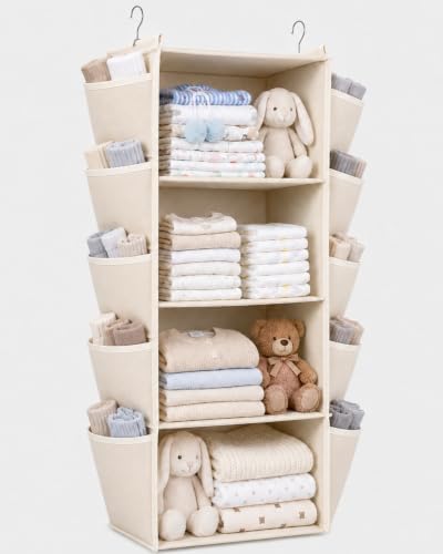 Mifoci Canvas 4-Shelf Canvas Hanging Closet Organizer and Storage for Shelves with 2 Sturdy Hooks and 12 Small Side Pockets, 70.87 x 31.5 x 8.66 Inches, for Closet Bedroom Dorm Rv Sweater Storage