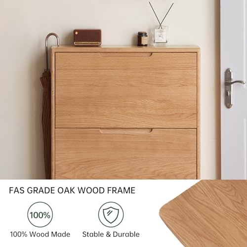 Fully-Assembled Oak Shoe Cabinet with 3 Flip Drawers, 7.9'' Narrow