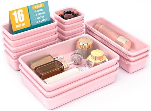 16 PCS Drawer Organizer Set, 4 Size Makeup Drawer Divider Organizer With Non-Slip Pads, Interlocking Plastic Storage Bins for Office,Jewelry Vanity,Gadgets, Bathroom,Kitchen, Pink
