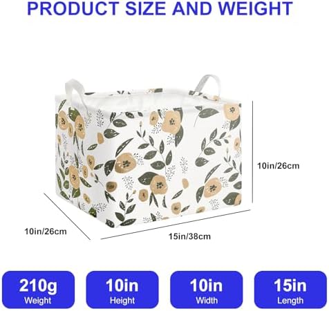 Mziart Cute Storage Basket with Handles, Waterproof Nursery Toy Basket for Baby Kids Room Decor, Collapsible Rectangle Canvas Storage Bin for Books, Clothes, Gifts (Green Flowers)