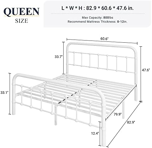 Allewie Queen Metal Bed Frame with Victorian Iron-Art Headboard, White