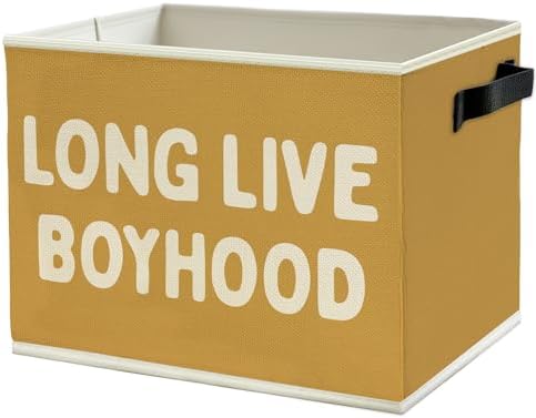 Long Live Boyhood Boys Storage Bins Box with Handles, Yellow Pattern Collapsible Basket Organizer for Kids Teen Boy Nursery Room Bedroom Bathroom Playroom Books Clothes