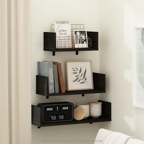 Furinno Rossi Bedroom Decor Wall Mounted Floating Display Shelves with Invisible Brackets, Set of 3, Espresso | 11.7", 15.7", 18.9" Width, U-Shape Rectangular Wall Shelf Set, Wall Mounted Shelves, for Bathroom, Home Office, Living Room