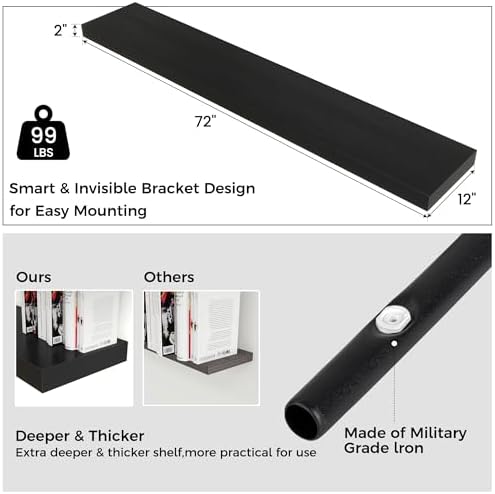 72 Inch Floating Shelves for Wall, 12"D Wood Storage Shelves, Black Finish