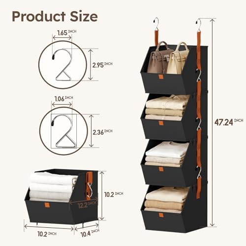 Homsorout Hanging Closet Organizer 4 Tier - Clothes Hanging Shelves, Space-Saving Closet System, Fabric Storage Bins Bedroom Organization, Collapsible Baskets for Home, Dorm, Rv, Black, 8 Pack