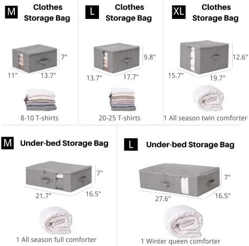 Closet Storage Containers with Clear window - 600D Cationic Fabric, Clothing, Blanket, Comforters Organizer (L (17.7x13.7x9.8in) for 20-25 T-shirts, Light grey)