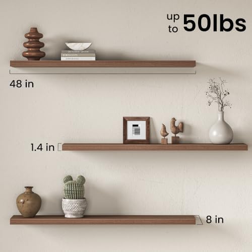 Fun Memories 48 Inch Floating Shelves for Wall 8 Inch Deep Walnut Shelves Set of 2, Wall Mounted Rustic Wood Long Floating Shelf, Large Display & Storage Shelf with Invisible Brackets