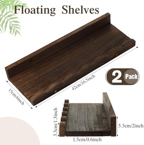 Suzile 2 Pcs Scalloped Floating Wall Shelves,16.5",Dark Brown | Scalloped Edge, Book Display, Plant Display, Photo Frames, Toy Storage, Nursery, Bedroom, Bathroom, Aesthetic Decor