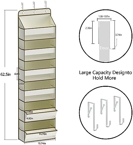 LONGD Over Door Organizer, Nursery Closet Cabinet Baby Storage, Over The Door Hat Rack, 6 Pockets and 2 Grid File Pockets Hanging Storage Boxes,55 lbs. Weight Capacity, 1-Pack