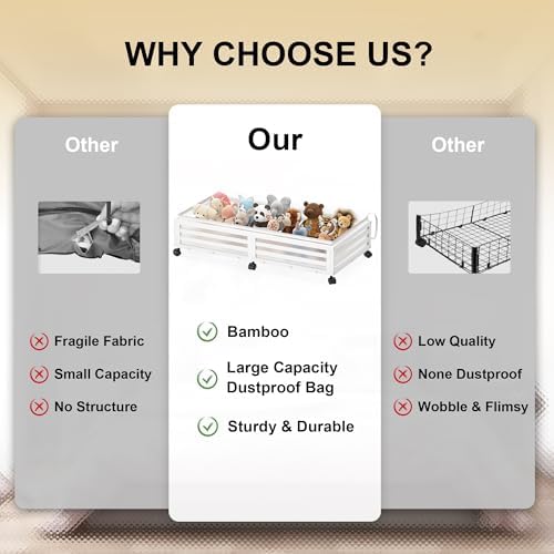 Under Bed Storage with Wheels-Large Bamboo Underbed storage Containers with Large Dust Bag Stackable Under the Bed Shoe Storage Bins for Clothes Books Bedding (2 Packs White, 33.07"L×16.54"W× 6.5"H)