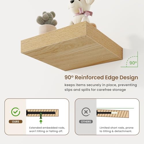 Marsmiles Square Floating Shelves for Wall, 12" W x 12" D x 1.5" H, 3 Pack Small Wall Mounted Engineered Wood Shelves with Invisible Brackets for Living Room, Bedroom, Bathroom, Kitchen Decor, Oak