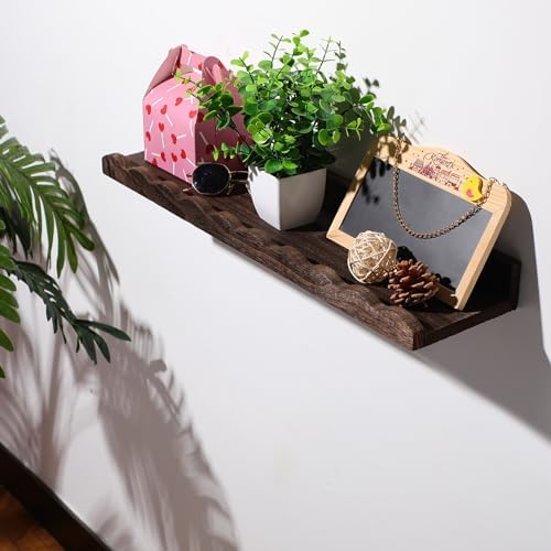Suzile 2 Pcs Scalloped Floating Wall Shelves,16.5",Dark Brown | Scalloped Edge, Book Display, Plant Display, Photo Frames, Toy Storage, Nursery, Bedroom, Bathroom, Aesthetic Decor