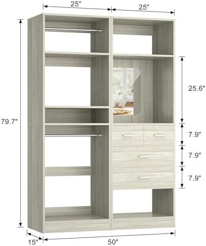 Unikito 50” Closet System with 4 Drawers, 4.2FT Wood Closet Organizer with Hanging Rod and Mirror, Reversible Small Walk in Closets Wardrobe, Adjustable Sturdy Clothes Garment Rack, White Oak