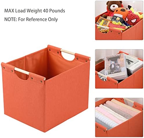 HOONEX Large Collapsible Storage Bins, Linen Fabric, Pack of 2, Storage Baskets with Wooden Carry Handles and Sturdy Heavy Cardboard, for Home, Office, Car, Nursery, Orange