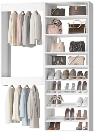 Modular Closet System, 58" Wide Wall-Mounted Closet Tower Organizer with Adjustable Shoe Shelves for Walk-In Closet Storage, White