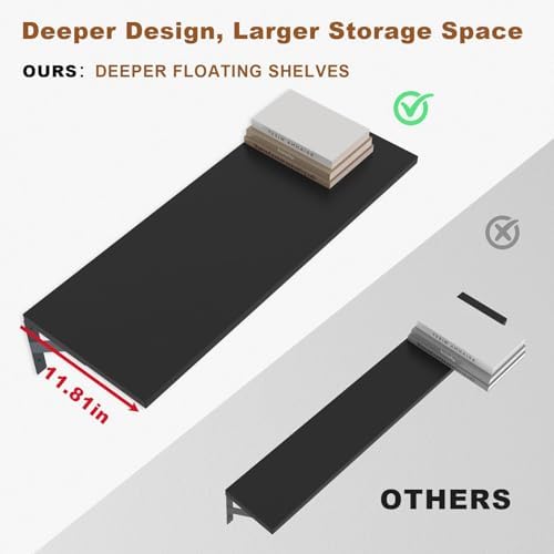 Long Wall Shelves, 48" W x 12" D Large Floating Shelves Set of 2, Wide Display Wood Shelf Wall Mounted with Heavy-Duty Metal Brackets for Bedroom Books, Living Room, Kitchen, Black