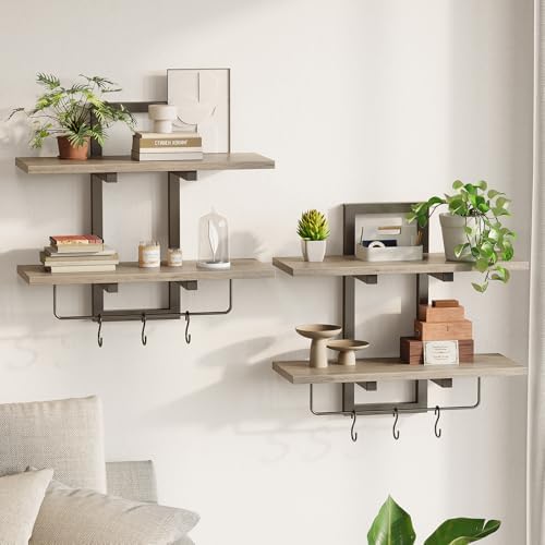 Creso hom Wood Floating Shelf with 6 Hooks, 15" Bathroom Shelves Set of 2