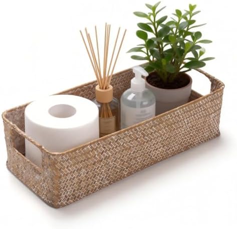 Seagrass Toilet Paper Basket for Back of Toilet Tank Top, Wicker Bathroom Storage Basket for Organizing and Decor, Whitewash