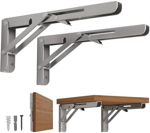 LEOPO 14 Inch Folding Shelf Brackets, 2 Pack Foldable Shelf Supports | Heavy Duty Triangle Wall Mounted Collapsible Brackets for Fold Down Table, Space Saving for Bench Table, Stainless Steel