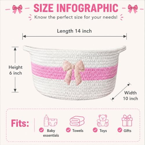 Woven Gift Basket Empty with Bag, Ribbon and Card, 14x 10x 6 in, White+Pink