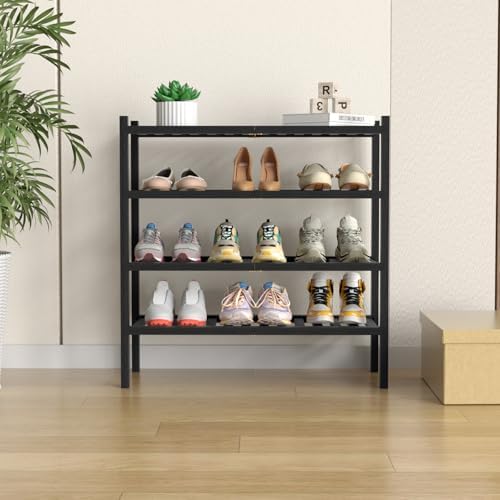 ROMGUAR CRAFT 4 Tier (Thick) Bamboo Shoe Rack for Closet Free Standing Wood Shoe Shelf for Entryway Small Space Stackable 27"x12"x28" (Blackl)