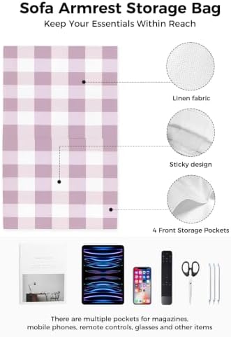 Sofa Armrest Organizer Bedside Caddy Pink White Buffalo Plaid Armchair Couch Caddy with Pocket Remote Control Holder Classic Checked Arm Chair Caddy for Recliner Glasses Phone Tablets Magazine 20"x35"