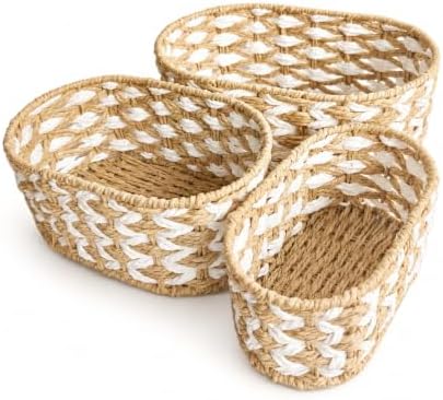 Woven Paper Fiber Rope Storage Basket Set, 3-Piece Oval Baskets