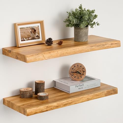 24" Floating Shelves Set of 2, Solid Elm Wood, Natural Live Edge