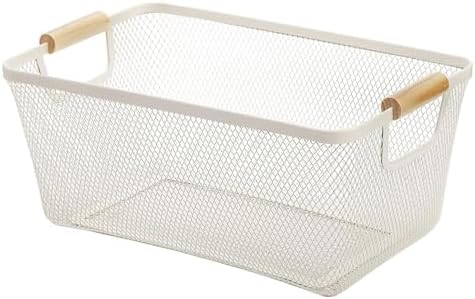 AJIODA Metal Mesh Steel Basket, Large Wire Storage Organizer Basket Multi-function Hanging Kitchen Baskets with Wood Handle for Kitchen Bathroom Picnic Home, Rectangle-Off White